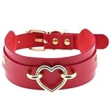 Aabellay Breit Lederhalsband Halskette Herz Form Damen Leder Choker Metall Ring Halsband Gotik Punk Rock Lederband Einstellbar Kragen - Rot mit Gold Herz