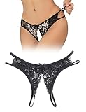 ohyeahlady Erotische Unterwäsche Damen mit Loch Unterhosen Damen im Schritt Offen Spitze String Tanga Sexy Dessous Ouvert Slip Offen Frauen Hipster Höschen Reizwäsche Schwarz,S