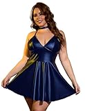 comeondear Lederkleid Damen Kurz PU Leder Kleid Wetlook Sexy Babydoll Dessous für Frauen Valentinstag Kostüm Rave Outfits Festival Curvy Große Größen Minikleid Clubwear Cosplay Lingerie(Blau,3XL)