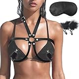 AMZII BDSM Sex Bondage Set,Harness Damen Oberkörper Leder Bh Brustgurte + SM Augenmaske + Nippelklemmen BDSMs Spielzeug Hart,Gothic Kleidung Damen Kostüme für Erwachsene Sex,Cup Größe A bis C