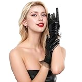 AhhiAboo Damen Lackleder Kurze Handschuhe mit Spitze - Schwarze Lederhandschuhe Glänzend Cosplay Opera Party Handschuhe - Latex Hand schuhe für Pole Dance Performance und Hochzeit Sexy Karneval Kostüm