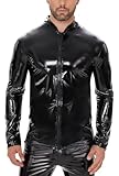 Ausing Latex Oberteil Herren Langarm Glänzende Tops Mantel Wetlook Clubwear Leder Oberteil Slim Fit Kostüm Rave Party Kostüm für Nachtclub Party Schwarz L