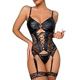 Satohom Frauen Dessous Sexy Leder Spitze Reizwäsche Nightdress, Erotische Translucent Spitze Riemchen Bodysuit mit G-String, Damen Sexy Lack Unterwäsche V-Ausschnitt Nachthemd Partykleid