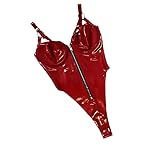 VIYOLI Latex-Badeanzug mit Reißverschluss vorne, sexy Gummi-Bügel-BH, Brust-Bodysuits, Clubwear-Bodysuit, Rot, XL
