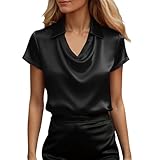 Caxndycing Bluse Damen Elegant Stretch Satin Seide V-Ausschnitt Hemdbluse Kurzarm Business Oberteile Festliche Blusen Seidig Shirt Arbeitshemd Lässiges Langarmshirt Satinbluse
