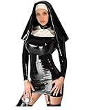 JVHGE Schwarz-weißes sexy Latexkleid mit Strumpfbändern, Nonnengewohnheit, Kopfbedeckung, Kreuz-Frontreißverschluss hinten, Gummi-Uniform, Figurbetonter Playsuit
