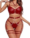 Avidlove Damen Dessous Set Sexy Latex Reizwäsche Push up Unterwäsche Bügel-BH Lingerie Set 6-Teiliges Mit Slip und Strumpfband Wine Rot S