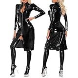 Damen-Latexkleid mit Frontreißverschluss aus Lackleder, Clubwear, Knielang, Stehkragen, langärmlig, Schwarz, B-3XL