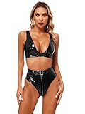 FEESHOW Damen Wetlook Dessous Lack Leder BH Top Slip String Set Lackoptik Bikini Thong High Cut Sexy Fetisch Lingerie Badeanzug Schwarz_P 4XL