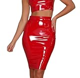 SamHeng Frauen PU Leder Bleistift Rock - Damen Glänzend Metallisch Nasse Look Bodycon Midi High Taille Party Sexy Büro Clubwear Kleid - Rot/XL