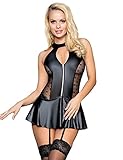 comeondear Dessous Set Reizwäsche mit Strapse Sexy Lederkleid Große Größen Curvy Kleid Wetlook Minikleid Erotische Dessous für Mollig Frauen Babydoll Rückenfrei Negligee Partykleid Clubwear Schwarz,M