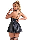 Lederkleid Sexy Damen Große Größen Kurz Kleider Outfit Curvy Dessous Damen Sexy Unterwäsche Elegant A-Linie Kunstleder Partykleid V-Ausschnitt Minikleid Clubwear Mollige Reizwäsche Frauen Schwarz,XL