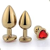 Gold Analplug Buttplug 3 Stücke Set Analplug Buttplugs Fetisch Masturbation Metall Anal Butt Plug Anal Plug Sex Spielzeug Geeignet für Anfänger Damen Männer Paare Gay mit Zierstein Herz,Red