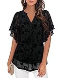 Vafoly Damen Kurzarm Bluse Schwarz Leichtes Business Casual Top V-Ausschnitt Elegante Sommer Oberteile Arbeitskleidung fur Damen Büro Doppellagige Tunika Beflockte Schwarze M