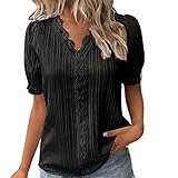 Bluse Kurzarm Damen Spitzen Oberteil V Ausschnitt Shirts Elegant Puffärmeln Damenblusen Sommer Schickes Hemd Tunika Tops Blusenshirt Damen Elegant Basic Shirt
