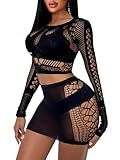 Buitifo Frauen Dessous Set Sexy Mesh Two Piece Sets Langarm Tops und Bodycon Röcke（Schwarz,Einheitsgröße