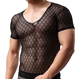 GKLWEJ Netzhemd Herren, Sexy Transparent Muskel Shirt, Unterhemd, Oberteil, Clubwear, Schwarz, L