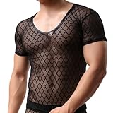 GKLWEJ Netzhemd Herren, Netzshirt Herren, Netz Tshirt Herren, Sexy Netz Unterhemd, Herren Muskel Transparent Shirts, Netz Oberteil Herren, Clubwear, Schwarz, L