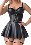 FEOYA Lederkleid Damen Lackleder Minikleid Dessous Dessous Set Strumpfhalter Frauen Wetlook Kleid Clubwear Partykleid A-Linie Schwarz XXL