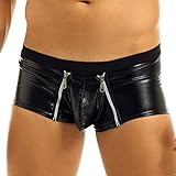 JEATHA Herren Boxershorts Wetlook Shorts mit Penisloch Lack Leder Briefs Low Rise Männer Bikini Slip Erotik Dessous Clubwear Schwarz J XXL