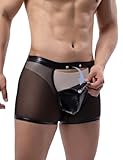 ohyeahlady Sexy Boxershorts für Männer Vorne Offen Mesh Unterwäsche Transparent Clubwear Herren PU Leder Pouch Underwear Große Größen Trunks Gay Sissy Dessous Wetlook Party Boxerbriefs Schwarz L