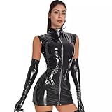 PARUPRUP Damen Sexy Leder Reißverschluss Minikleid Wet Look Babydoll Ärmellos Figurbetont Nachthemd PU (DE/NL/SE/PL, Alphanumerisch, M, Regular, Regular, Schwarz)
