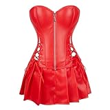 Generisch Damen Sexy Korsett Kunstleder Corsage Kleid Latex Wetlook Rock Lack Leder Reißverschluss Tief Geschnitten ärmellos Party Wet Look Club Bühnenkostüme,Rot,6XL