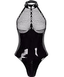 Satohom Damen Sexy Ouvert Body Lack Leder Bodysuit mit Neckholder Perspektive Latex Dessous PU Top mit Kette Reizwäsche Erotik String Wetlook Body Unterwäsche Teddy Babydoll Clubwear Schwarz