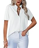 Homlan Damen Bluse V-Ausschnitt Hemd Kurzarm Elegant Lässige Oberteile Knopfleiste Hemdbluse Arbeit Einfarbig Kurzarm Shirt mit Brusttaschen (XX-Large, Weiß)