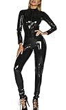 FEOYA Lederoverall für Damen Langer Overall Bodysuit Nachtwäsche Club Kostüme Catsuit Catwomen mit Frontreißverschluss
