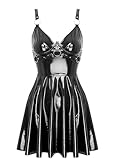 Glänzendes Lackleder-Latexkleid für Damen mit O-Ring-Inlay, Schnürung, V-Ausschnitt, A-Linie, Clubkleid, Clubwear, Schwarz, XXL