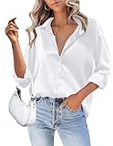 Zeagoo Damen Satin Bluse Elegant V-Ausschnitt Hemden Casual Arbeit Oberteile mit Knöpfen Hemd Langarmshirt Einfarbig Tops Glänzend Locker Blusen Weiss XL
