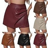 Hosenrock Damen PU Leder Rock Hohe Taille Enger Rock Kurz Wickelrock Asymmetrisch Lederrock mit Schlitz Partyrock Freizeitrock Skinny Bleistiftröcke Figurbetont mit Reißverschluss (Rot, M)