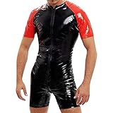 Herren Leder T-Shirt Hochglanz Fetisch Bodysuit mit Schrittreißverschluss-schwarz Latex Bademode Cosplay Rubber Fetisch Bodysuit für Männer Unterwäsche Muskelshirt