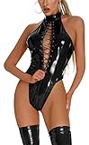 FEOYA Latex Catsuit Frauen Sexy Ouvert Damen Latex Body mit Reißverschluss Latex Body Zipper PVC Tanga Dessous Ärmellos Reißverschluss Nachtclub Partykostüm D-Schwarz L