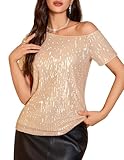 DRESSTELLS Mit Kurzärmeln Elegant Glänzendes Bluse Party Cocktail Oberteil Glitzer Party Tops Champagner L