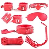 Sex Bondage BDSM Kit Fesseln, 7 Stück Bondage Fesseln Set Fetisch Bett Fesseln Kits Handschellen Flogger Seil Kragen Augenbinde SM Erwachsene Spiele für Frauen Männer und Paare Sexspielzeug(Rot)