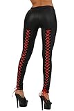 MISS NOIR Damen Wetlook Leggings mit Satin Schnürung hinten Niedrige Taille Hose Sexy Clubwear (XXL/3XL)