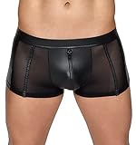 Orion Herren-Pants - verführerische Boxer-Shorts für Männer, mit Front-Reißverschluss, seitlichen Mesh-Einsätzen, Latex-Optik, eng anliegend, schwarz