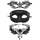 JewelryWe Schmuck 3 PCS Maske Halskette Set Schwarz Sexy Paar Venezianische Spitze Augenmaske Gothic Choker Kette Halsband Damen Maskerade Kostüm für Halloween Karneval Party Cosplay