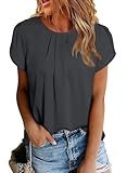 Dokotoo Damen Bluse Kurzarm Falten Tunika Elegant Chiffon Blusenshirt Sommer Rundhals Lose Oberteile Shirts Top, schwarz, XL