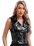 iEFiEL Damen Ärmellose Tank Top Wetlook Somershirts Shirts Glänzende Crop Top Lederjacke Kurz Oberteile mit Reißverschluss Schwarz XXL