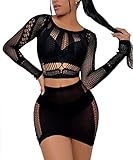 Buitifo Frauen Dessous Set Sexy Mesh Two Piece Sets Langarm Tops und Bodycon Röcke（Schwarz,Einheitsgröße