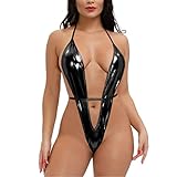 ROSVAJFY Sexy Body aus Leder für Damen, Dessous Lackleder Bodysuit Neckholder mit tiefem V-Ausschnitt, Teddy Minikleid Clubwear Rückenfrei Unterwäsche mit Schnürung, S-XL (Schwarz, Einheitsgröße)