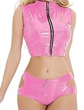 Ausing Wetlook Latex Clubwear Outfit Reißverschluss Lackleder Crop Tops Set mit Shorts für Rave Halloween Night Kostüm