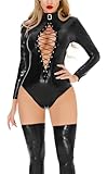 FEOYA Damen Sexy Lack Leder Bodysuit Langarm High Cut Lackleder Bodysuit Catsuit Wetlook Dessous Body Unterwäsche Clubwear für Nachtclub Party Schwarz M