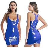 SHANHE Erotische sexy Latex-Kleider für Damen, Wet-Look, Lackleder, Dessous, Clubwear, quadratischer Ausschnitt, tief Ausgeschnitten, ärmellos, figurbetontes Kleid mit Reißverschluss, Königsblau, S