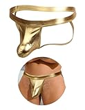 comeondear Wetlook Jockstrap Männer PU Leder Erotische String Tanga Gay Ouvert Herren Thong mit Beutel Große Größen Sexy Unterwäsche Sissy Dessous Reizwäsche Unterhosen Slips Bikini Brief(Gold,L)