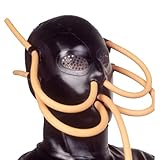 Bondage Latex Maske Vollgesichtsmaske Fetisch mit Nasen und Mund Schläuchen Ventil Kopfmaske für Erwachsene Halloween(Size:XXL-73CM)