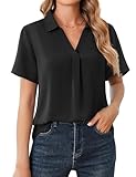 Beluring Blusen Damen Elegant Kurzarm T-Shirt Reverskragen Plissee Hemdbluse Schwarz M